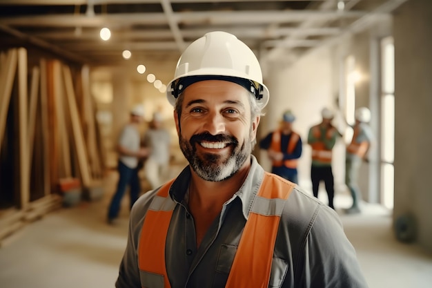 travailleur masculin de l'entrepreneur en bâtiment portant un casque d'équipement de sécurité avec fond de site de construction