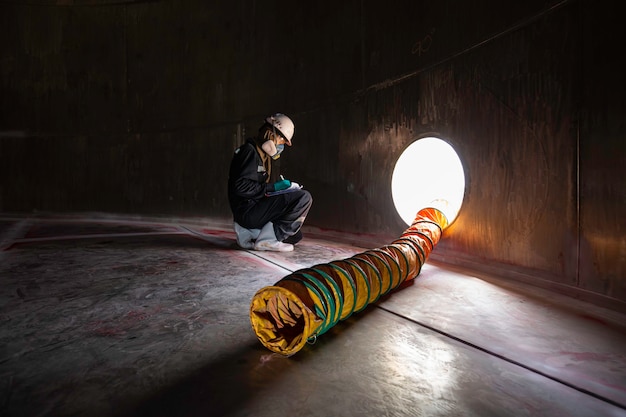 Travailleur masculin inspection visuelle produits chimiques ventilateur en acier inoxydable air frais dans le réservoir de stockage espace confiné