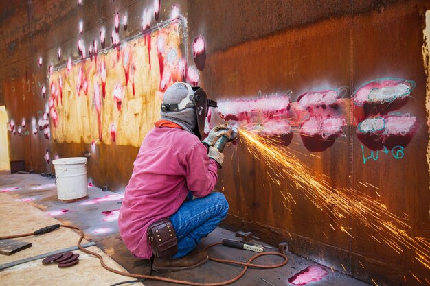 Un travailleur masculin meulant sur une plaque d'acier avec un éclair d'étincelles en gros plan porte des gants de protection à l'huile à l'intérieur d'espaces confinés.