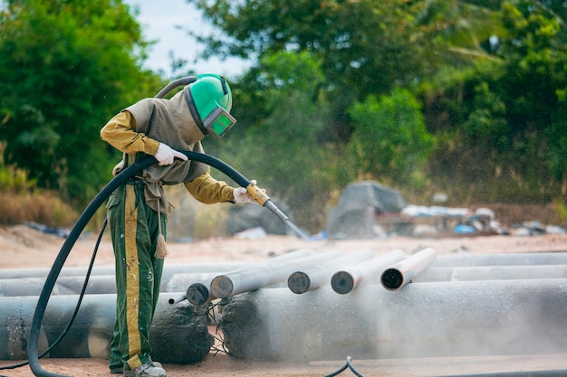 Travailleur masculin Processus de sablage nettoyant la surface du pipeline sur l'acier avant de peindre en usine.