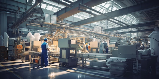 Travailleur masculin professionnel faisant fonctionner des machines dans une usine moderne générée par l'IA image stock