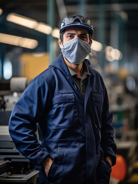 travailleur avec un masque de protection travaillant dans une usine industrielle ou un entrepôt