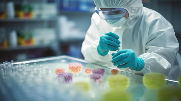 Photo un travailleur médical portant une blouse et des gants examine soigneusement un comprimé de pétri contenant des bactéries