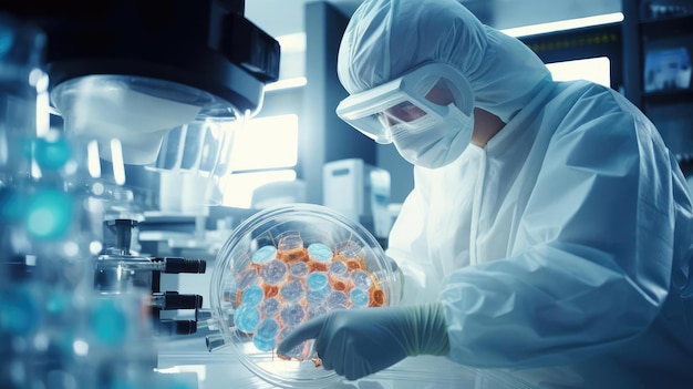 Un travailleur médical portant une blouse et des gants examine soigneusement un comprimé de Pétri contenant des bactéries