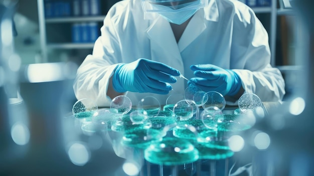 Un travailleur médical portant une blouse et des gants examine soigneusement un comprimé de Pétri contenant des bactéries