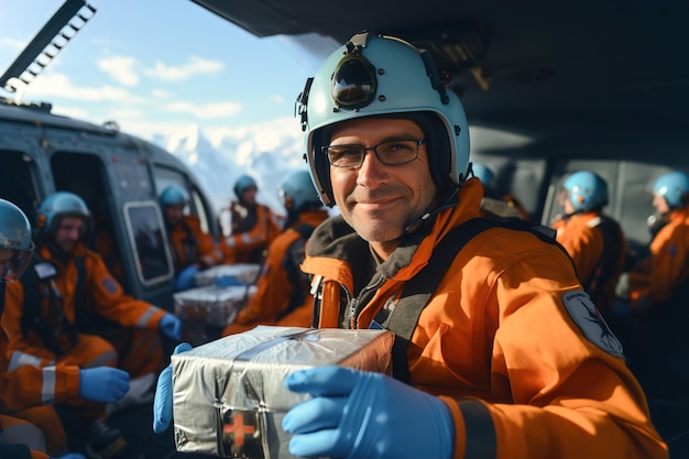 Un travailleur médical en veste orange tient une boîte de refroidissement avec un organe dans un service médical d'urgence