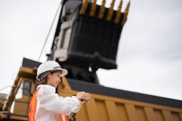 Travailleur à La Montre Au Poignet Dans L'extraction De Lignite Ou De Charbon Avec Le Camion Transportant Du Charbon