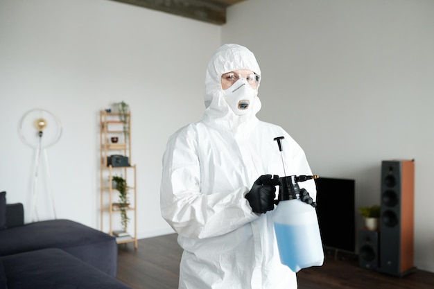 Travailleur de nettoyage en tenue de protection désinfectant l'appartement