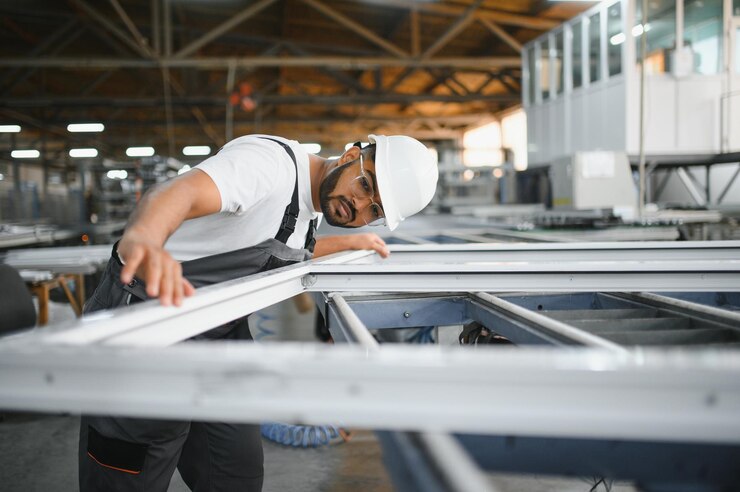 travailleur ou opérateur de l'industrie du PVC fabriquant des cadres pour fenêtres et portes