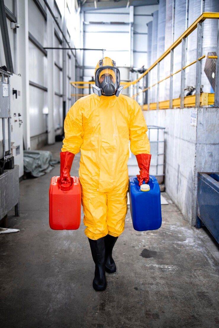 travailleur portant une combinaison de protection et un masque à gaz transportant des produits chimiques à l'intérieur d'une usine de production industrielle