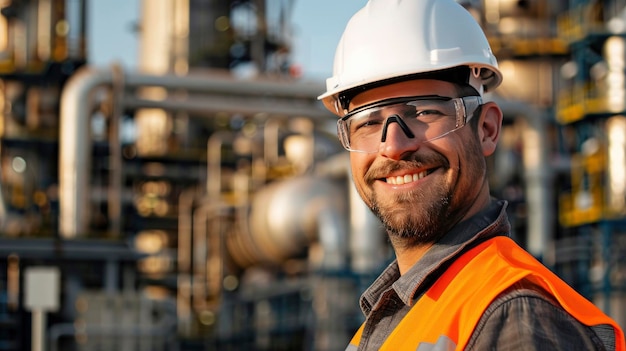 Travailleur portant des lunettes de sécurité un casque blanc et se tient devant une usine pétrochimique