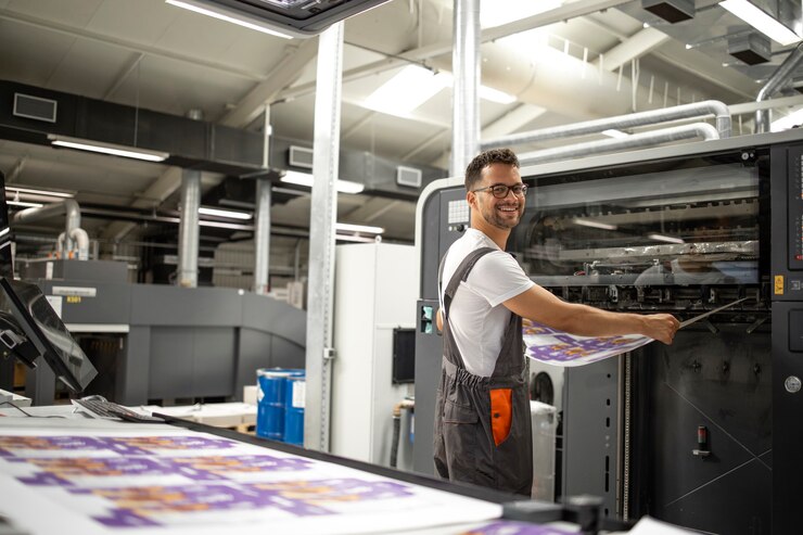 Travailleur prenant l'empreinte de la machine d'impression moderne pour faire la correspondance des couleurs et le contrôle de la qualité.