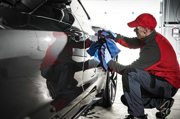 Photo travailleur professionnel de l'automobile nettoyant la carrosserie de la voiture à l'aide d'un tissu doux