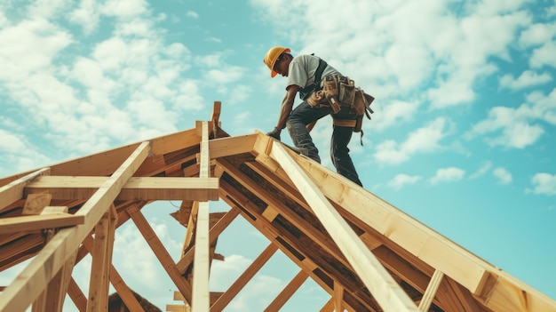 Travailleur professionnel de la construction encadrant le toit sur le chantier