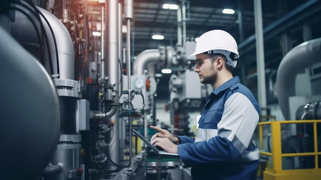 Un travailleur professionnel dans une industrie moderne utilise un ordinateur portable pour contrôler des machines automatiques Ordinateur portable pour l'ingénierie Contrôleur logique programmable IA générative