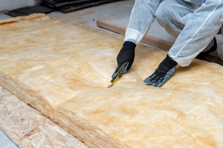 Photo travailleur professionnel installant une couche d'isolation thermique en laine de fibre de verre sous le toit