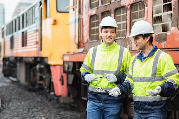 Travailleur de réparation de locomotive heureux détendre parler avec un ami équipe après avoir terminé le travail service vieux train