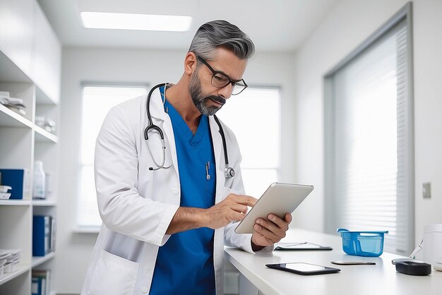 Photo travailleur de la santé masculin utilisant une tablette numérique alors qu'il s'appuie sur un bureau dans une clinique