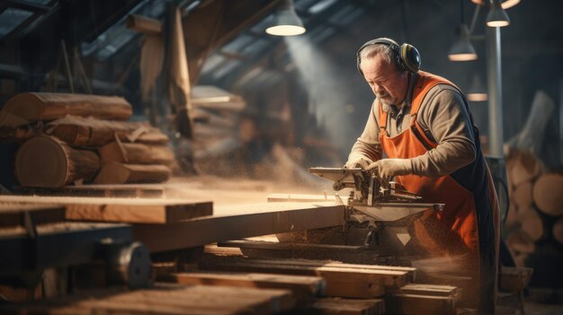 Travailleur de scierie au travail avec des écouteurs