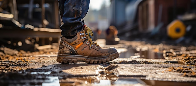 Travailleur de la sécurité des bottes sur le chantier