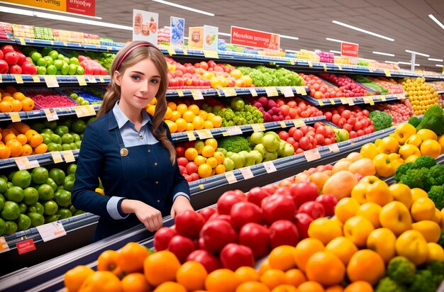 Travailleur de supermarché belle fille sur le fond des légumes et des fruits IA générative