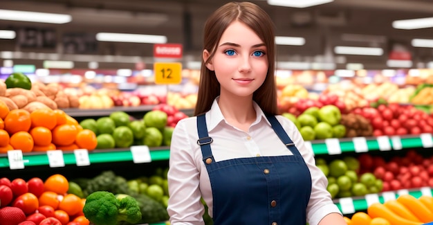 Travailleur de supermarché belle fille sur le fond des légumes et des fruits IA générative