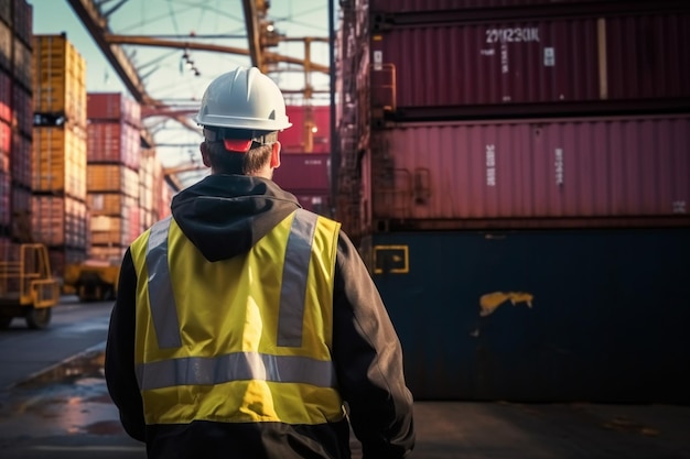 Un travailleur surveillant et marchant sur le port rempli de conteneurs logistiques et concepts industriels