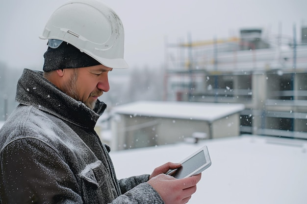 Travailleur avec une tablette sur le toit d'un bâtiment dans la neige.