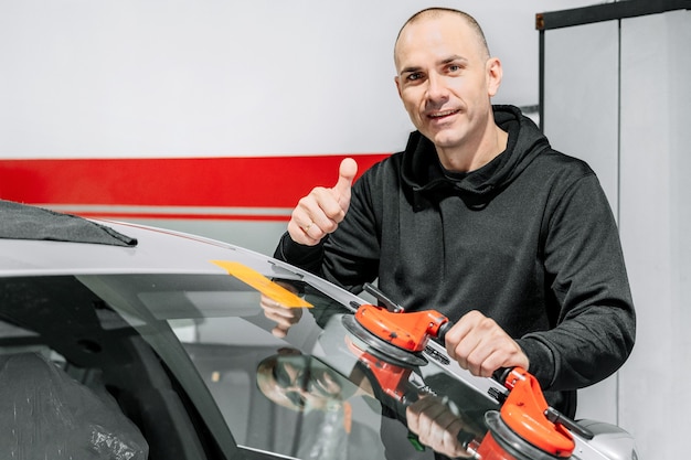 Travailleur technicien automobile remplaçant le pare-brise ou le pare-brise d'une voiture dans le garage de la station-service automobile.