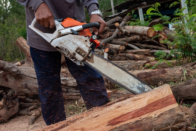 Le Travailleur Travaille Avec Une Scie à Chaîne. La Tronçonneuse Se Bouchent. Bûcheron Scie Un Arbre Avec Une Scie à Chaîne. Homme Coupant Du Bois Avec De La Scie, De La Poussière Et Des Mouvements.