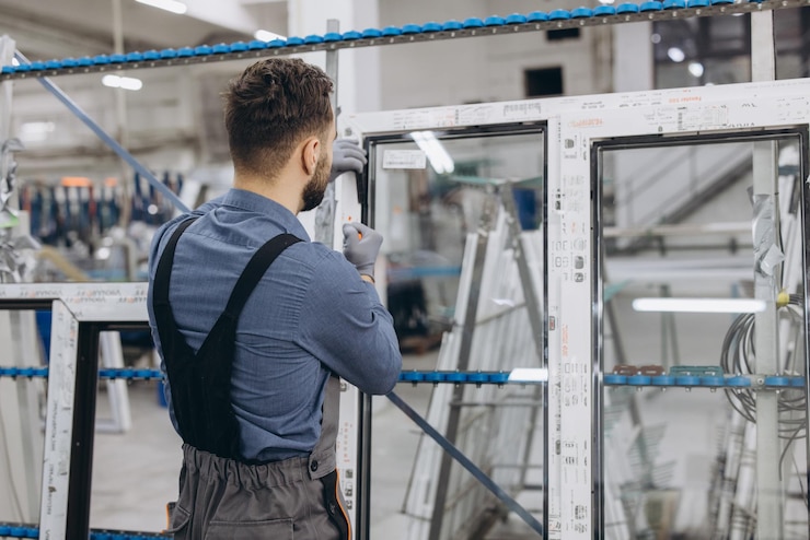 Photo travailleur d'usine assemblant des cadres de fenêtre en aluminium et en pvc dans une ligne de production