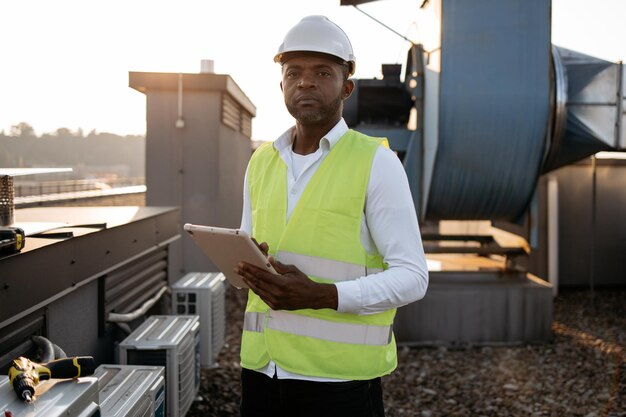 Photo travailleur d'usine sérieux debout et tenant une tablette moderne dans les mains tout en entretenant des appareils à l'usine homme afro-américain portant un uniforme inspectant la zone tout en effectuant des travaux dans le toit local