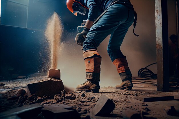 Travailleur utilisant une meuleuse pour couper un mur de béton sur un chantier de construction ai générative