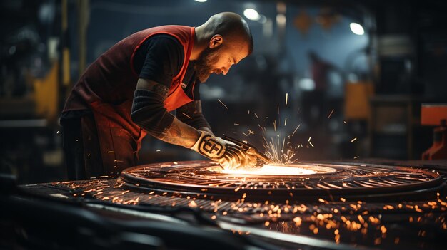 travailleur de voiture en uniforme travaillant avec une voiture rouge