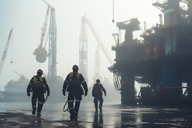 Travailleurs de la construction au brouillard casque gaz bâtiment industriel travail de plate-forme de pétrole hommes hommes de sécurité