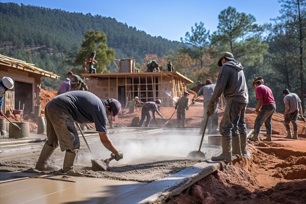 Travailleurs de la construction et équipement de coulée de béton pour les fondations sur le chantier