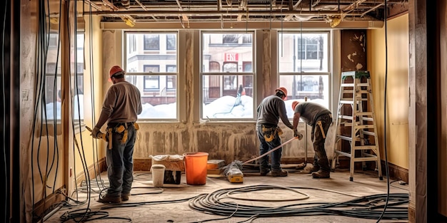 Travailleurs de la construction installant des systèmes électriques et du câblage dans un bâtiment