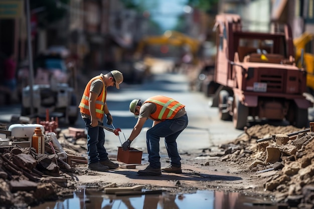 Travailleurs de la construction opérant près d'un panneau routier au milieu de l'entretien des rues Generative Ai