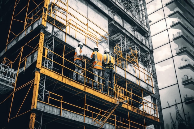 Travailleurs de la construction sur la plate-forme pour la réparation et l'entretien des échafaudages de gratte-ciel près du bâtiment