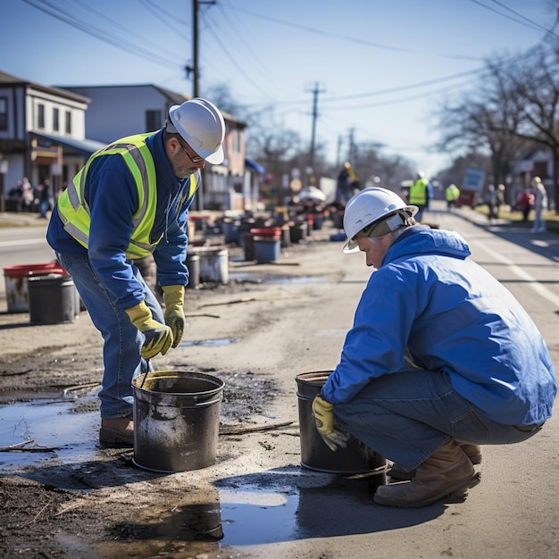 Travailleurs de la construction en vêtements réfléchissants avec casques de sécurité sur une route