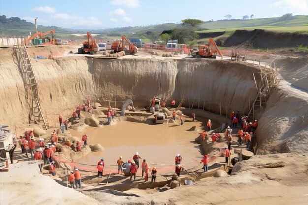 Travailleurs et équipement versant des fondations en béton sur un chantier du secteur privé