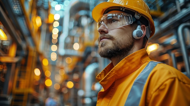 Les travailleurs des grandes usines industrielles portent des équipements de protection, y compris des casques, des bouchons d'oreille et des vêtements de protection oculaire.