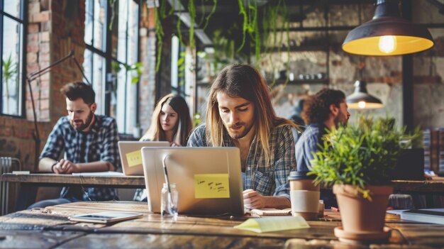 Des travailleurs indépendants collaborant à un projet dans un espace de coworking urbain dynamique