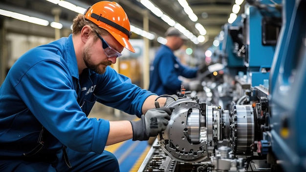 Photo travailleurs industriels travaillant sur une machine dans une usine