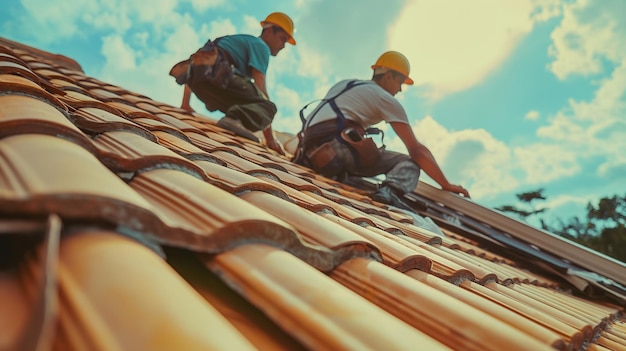 travailleurs installant des carreaux de toit sur une maison résidentielle