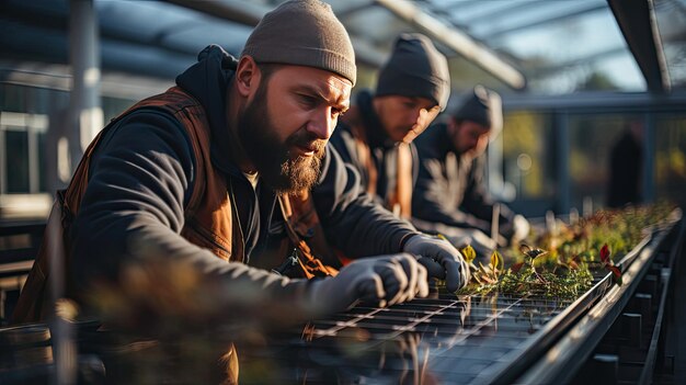 Photo travailleurs installant des panneaux solaires dans une centrale solaire concept d'énergie verte et d'électricité