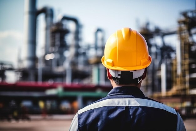Travailleurs masculins inspectent et enregistrent le processus de raffinage sur un chantier industriel de pétrole et de gaz