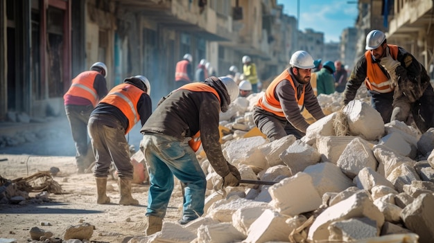 Travailleurs nettoyant les décombres d'une ville ou d'un village dévasté par la guerre