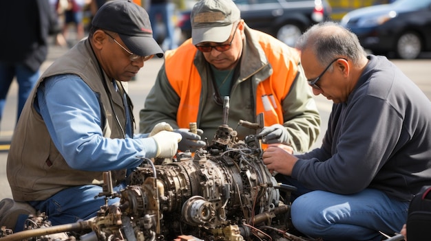 Travailleurs non identifiés réparant une partie d'un moteur d'aéronef