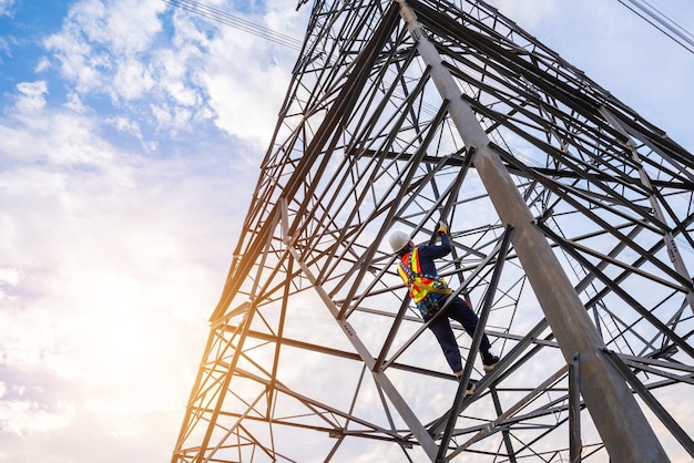 Des travailleurs portant des harnais de sécurité grimpent sur des pylônes à haute tension pour l'inspection et l'entretien d'une station de pylône à haute tension